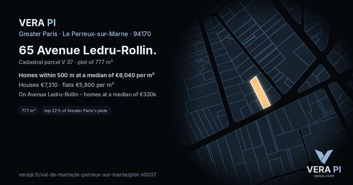 65 Avenue Ledru-Rollin, Le Perreux-sur-Marne at night – the plot lit, the parcels around coloured by the prices near them