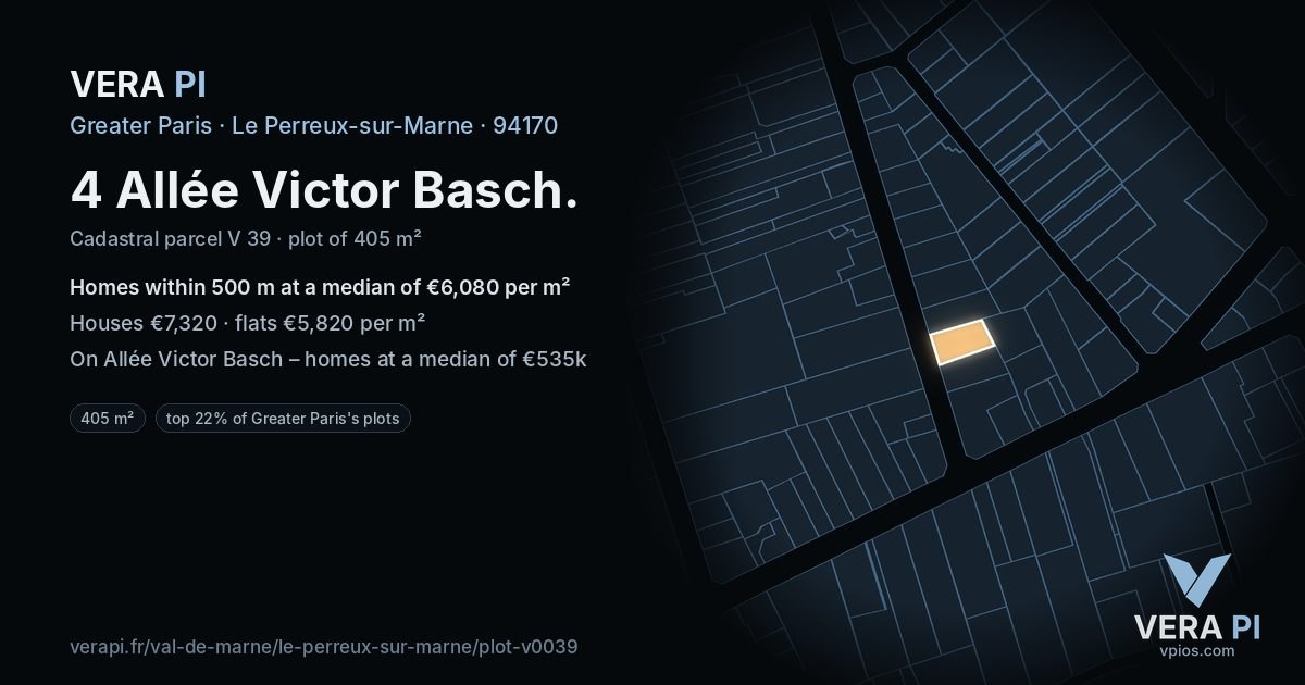 4 Allée Victor Basch, Le Perreux-sur-Marne at night – the plot lit, the parcels around coloured by the prices near them