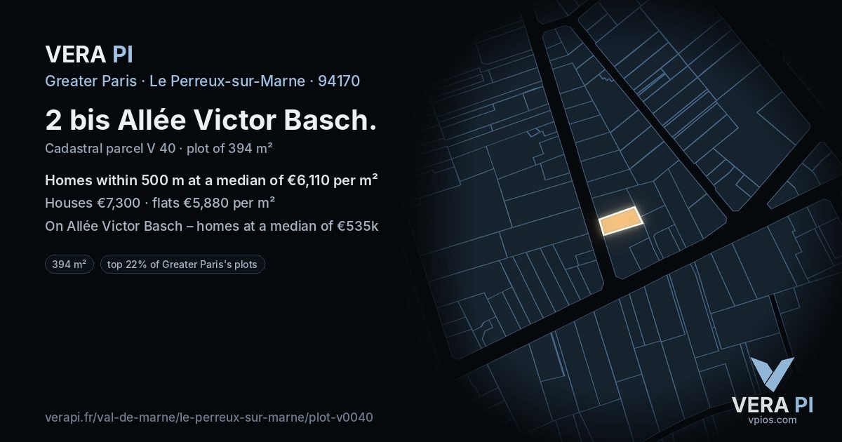 2 bis Allée Victor Basch, Le Perreux-sur-Marne at night – the plot lit, the parcels around coloured by the prices near them
