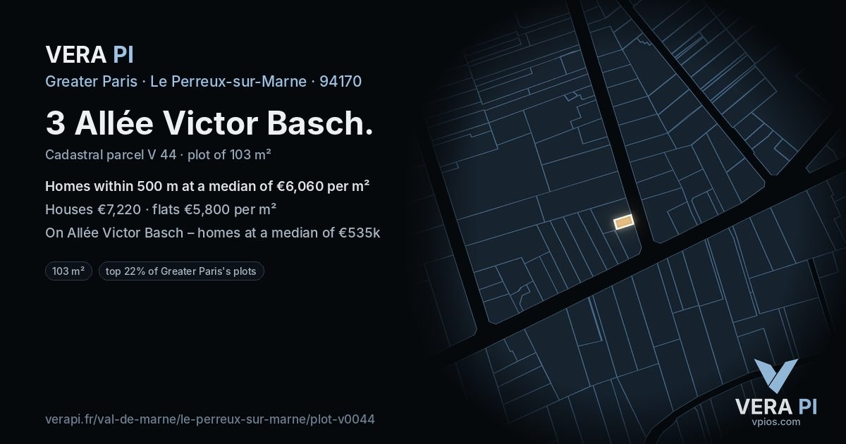 3 Allée Victor Basch, Le Perreux-sur-Marne at night – the plot lit, the parcels around coloured by the prices near them