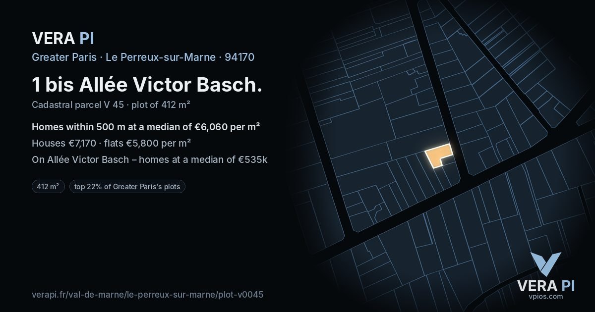 1 bis Allée Victor Basch, Le Perreux-sur-Marne at night – the plot lit, the parcels around coloured by the prices near them