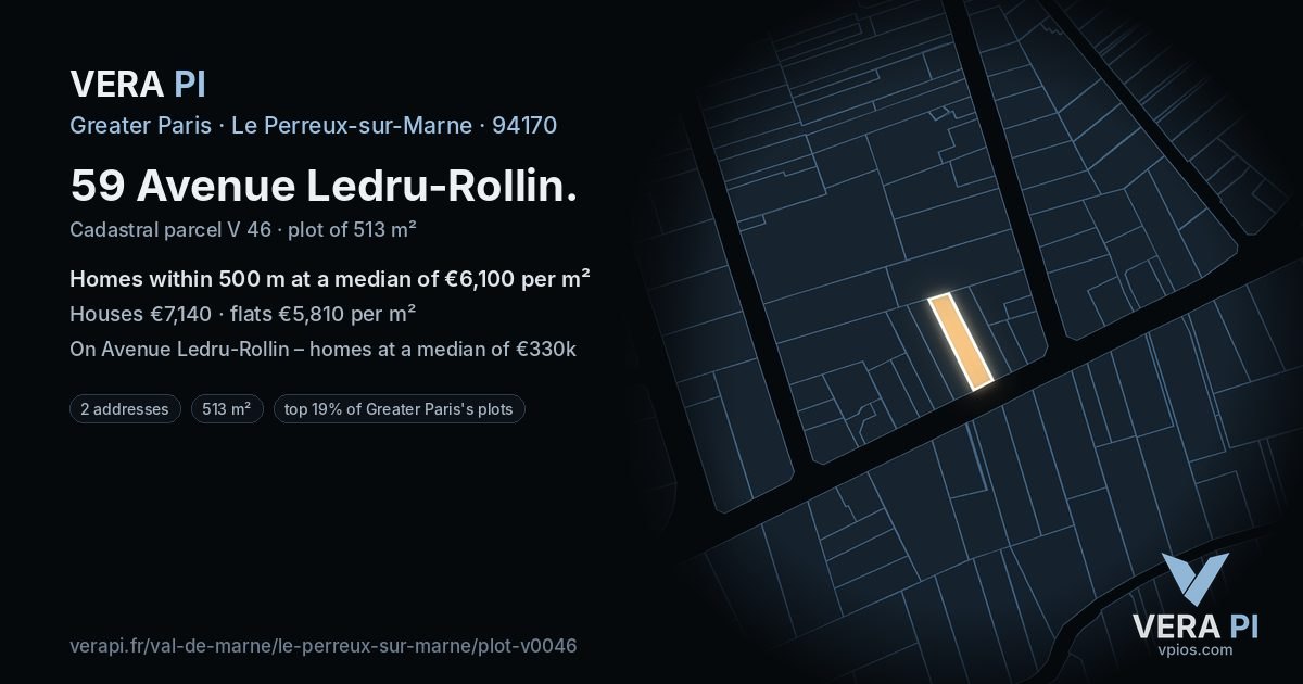 59 Avenue Ledru-Rollin, Le Perreux-sur-Marne at night – the plot lit, the parcels around coloured by the prices near them