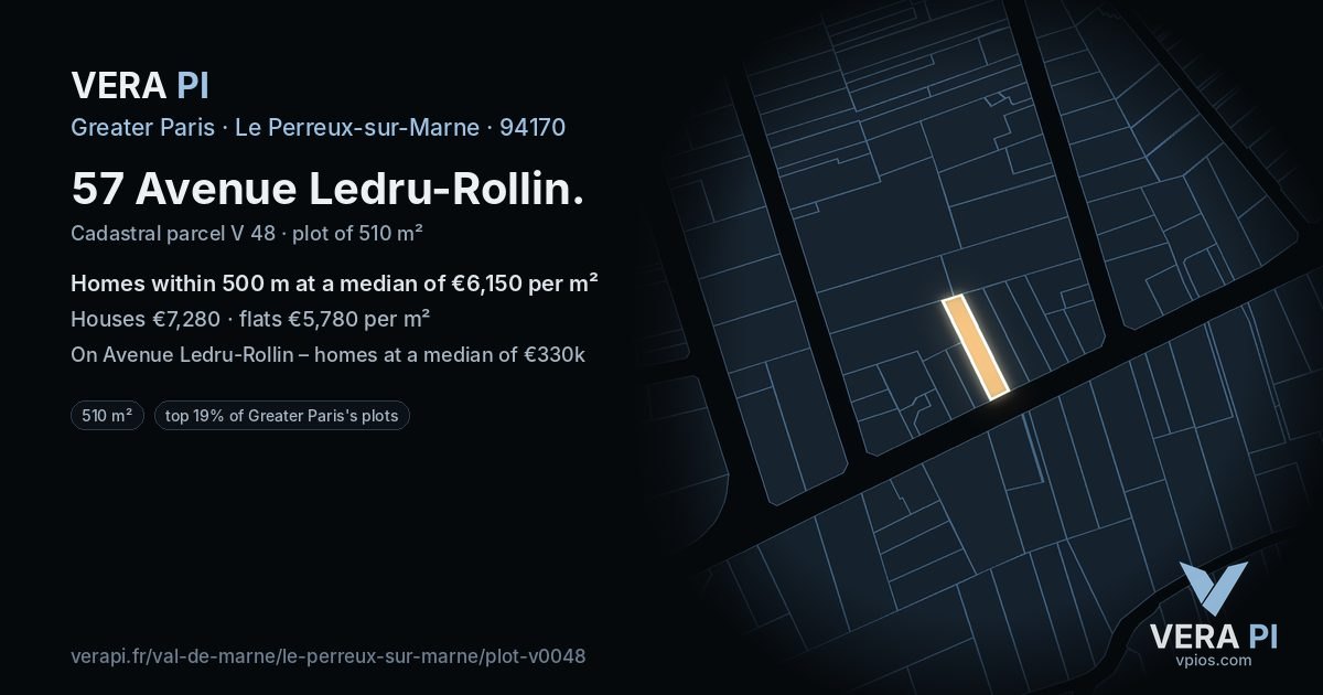 57 Avenue Ledru-Rollin, Le Perreux-sur-Marne at night – the plot lit, the parcels around coloured by the prices near them
