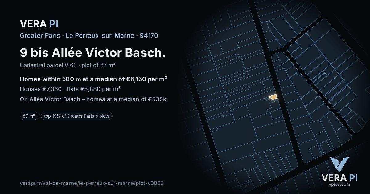9 bis Allée Victor Basch, Le Perreux-sur-Marne at night – the plot lit, the parcels around coloured by the prices near them