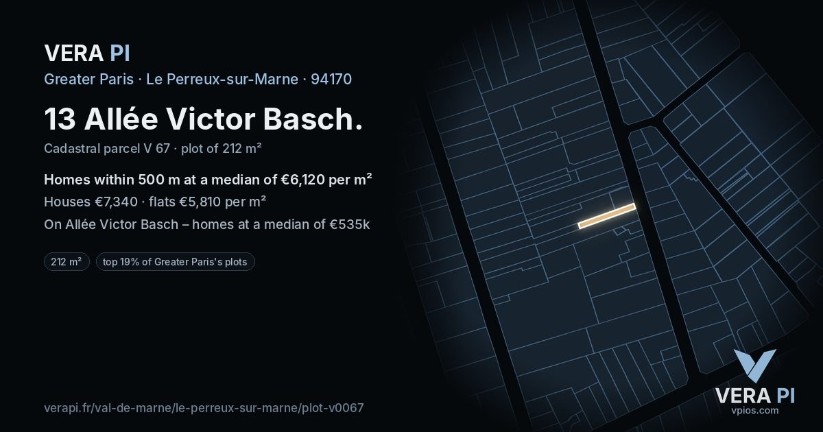 13 Allée Victor Basch, Le Perreux-sur-Marne at night – the plot lit, the parcels around coloured by the prices near them