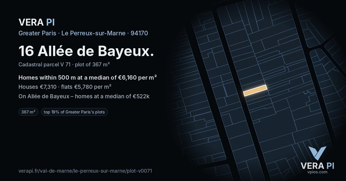16 Allée de Bayeux, Le Perreux-sur-Marne at night – the plot lit, the parcels around coloured by the prices near them