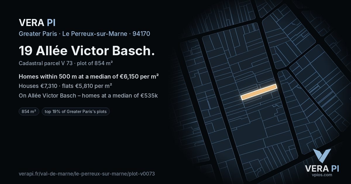 19 Allée Victor Basch, Le Perreux-sur-Marne at night – the plot lit, the parcels around coloured by the prices near them