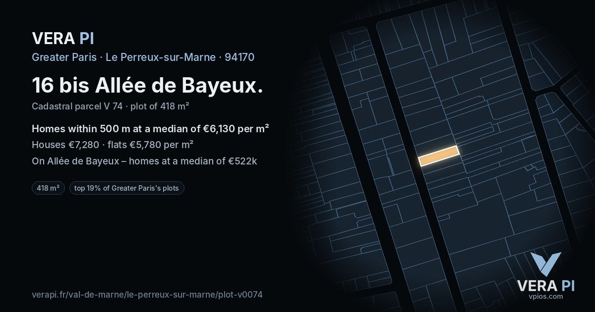 16 bis Allée de Bayeux, Le Perreux-sur-Marne at night – the plot lit, the parcels around coloured by the prices near them