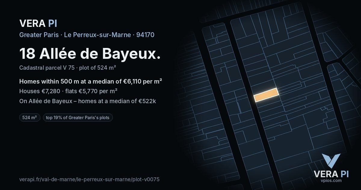 18 Allée de Bayeux, Le Perreux-sur-Marne at night – the plot lit, the parcels around coloured by the prices near them