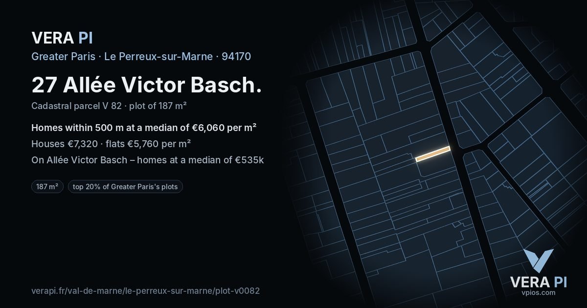 27 Allée Victor Basch, Le Perreux-sur-Marne at night – the plot lit, the parcels around coloured by the prices near them