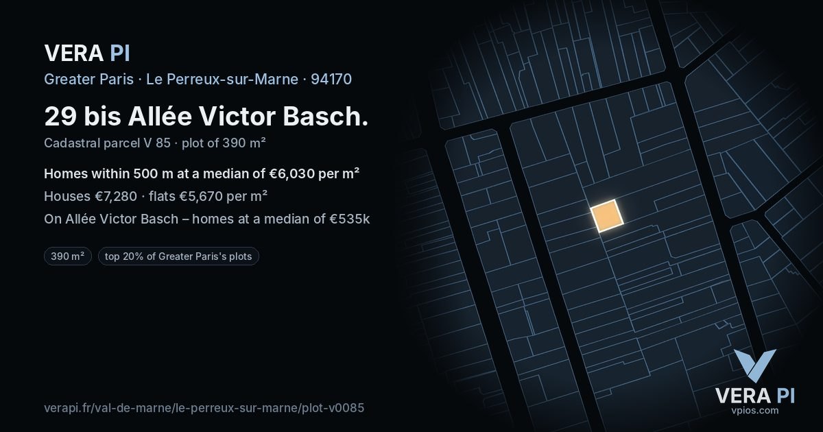 29 bis Allée Victor Basch, Le Perreux-sur-Marne at night – the plot lit, the parcels around coloured by the prices near them