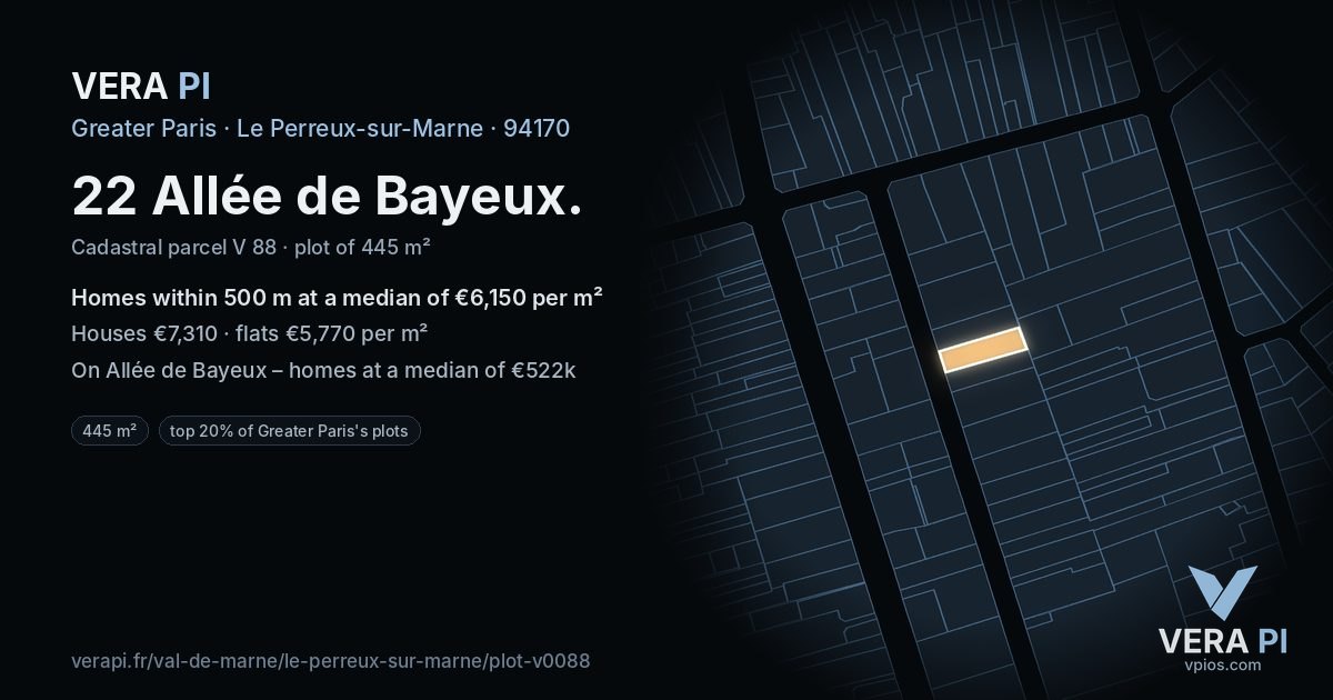 22 Allée de Bayeux, Le Perreux-sur-Marne at night – the plot lit, the parcels around coloured by the prices near them
