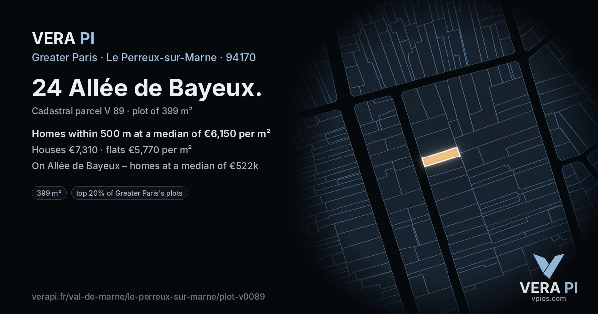 24 Allée de Bayeux, Le Perreux-sur-Marne at night – the plot lit, the parcels around coloured by the prices near them