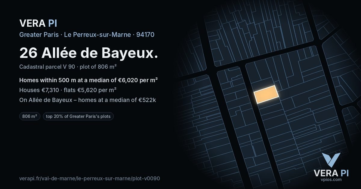 26 Allée de Bayeux, Le Perreux-sur-Marne at night – the plot lit, the parcels around coloured by the prices near them