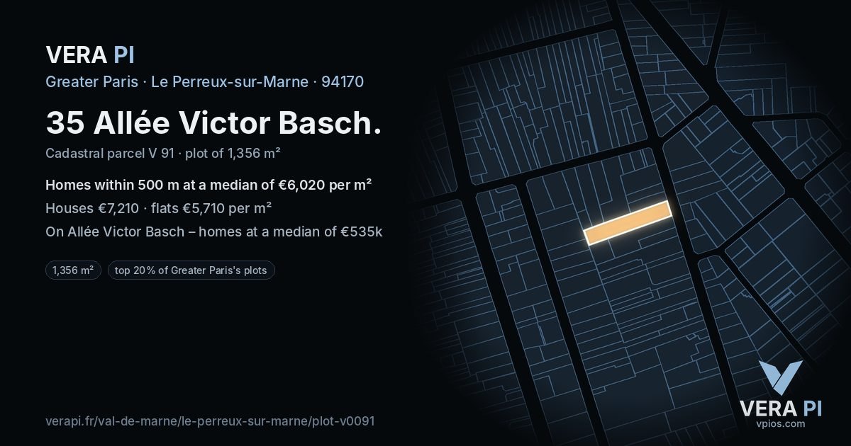 35 Allée Victor Basch, Le Perreux-sur-Marne at night – the plot lit, the parcels around coloured by the prices near them