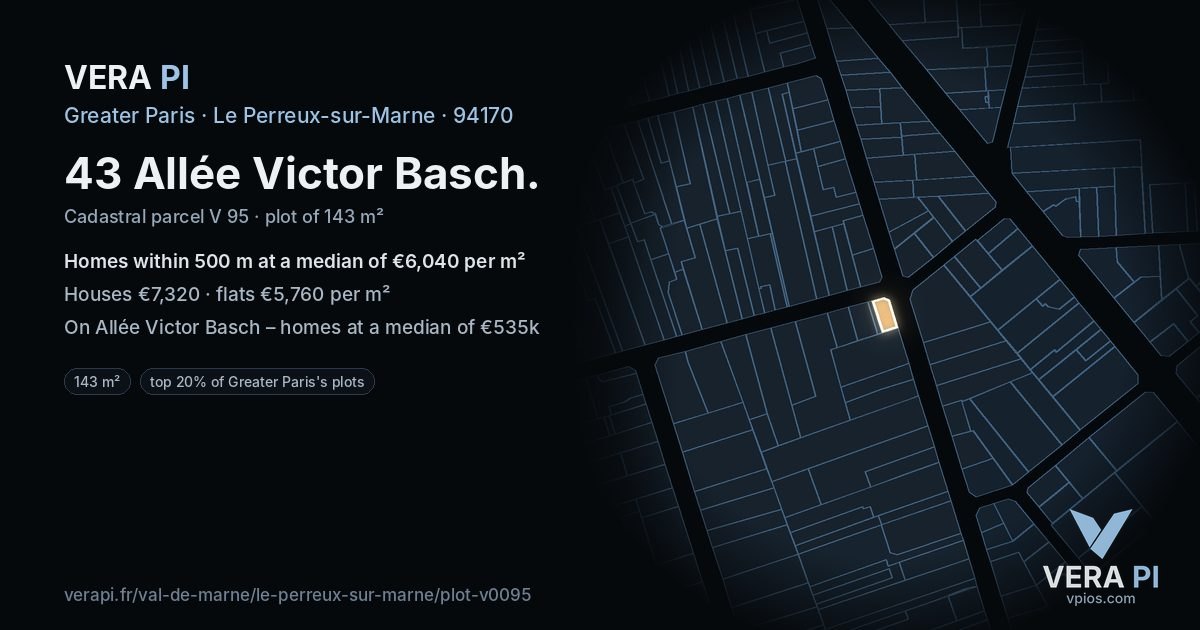 43 Allée Victor Basch, Le Perreux-sur-Marne at night – the plot lit, the parcels around coloured by the prices near them