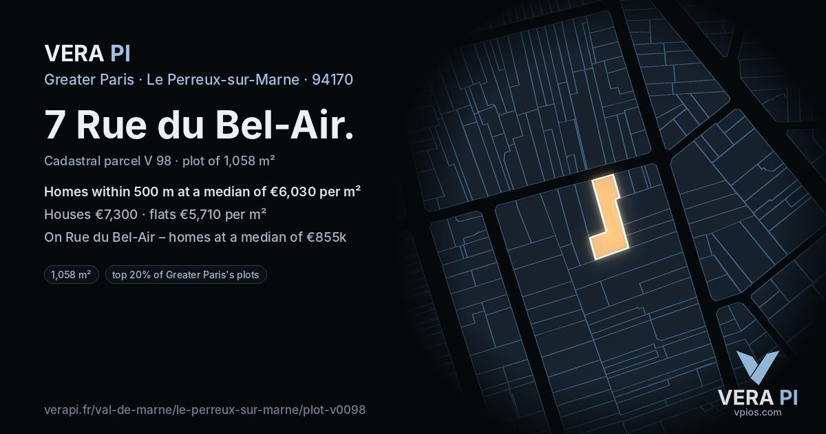 7 Rue du Bel-Air, Le Perreux-sur-Marne at night – the plot lit, the parcels around coloured by the prices near them