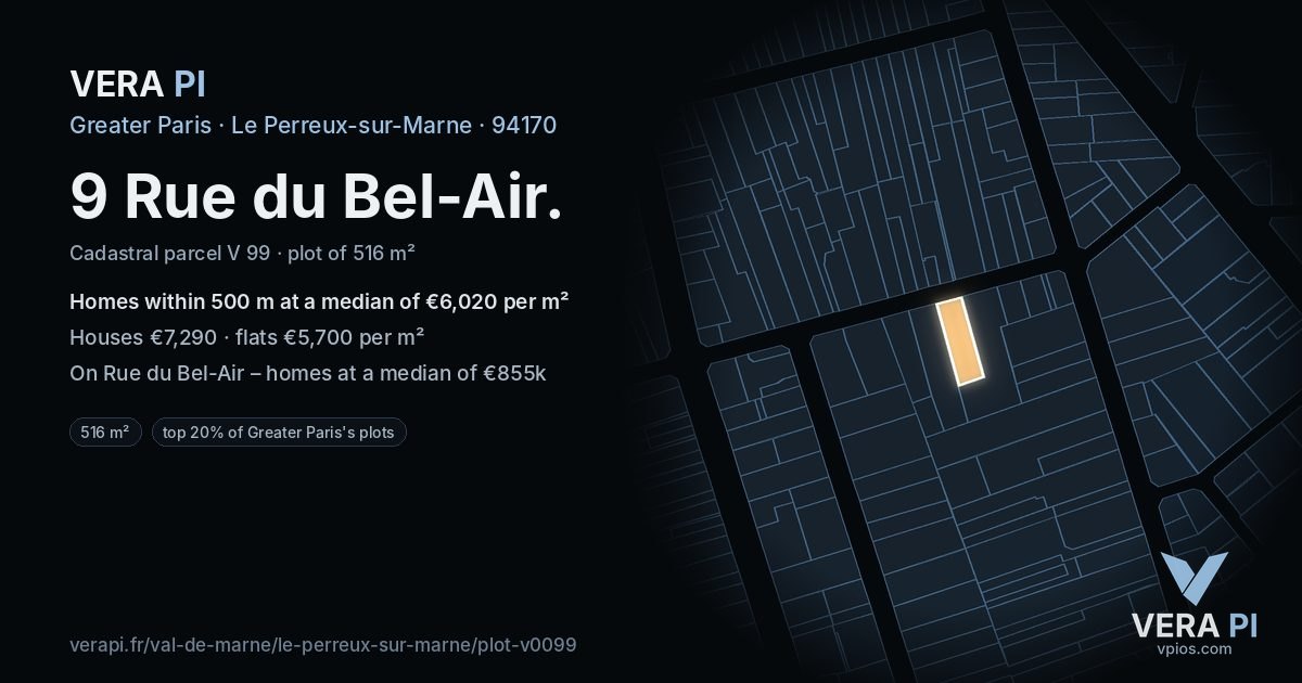 9 Rue du Bel-Air, Le Perreux-sur-Marne at night – the plot lit, the parcels around coloured by the prices near them
