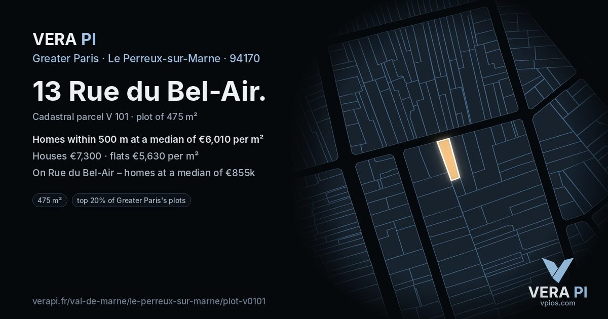 13 Rue du Bel-Air, Le Perreux-sur-Marne at night – the plot lit, the parcels around coloured by the prices near them