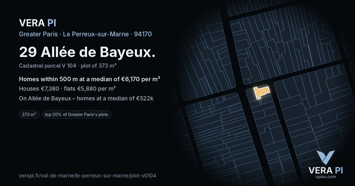 29 Allée de Bayeux, Le Perreux-sur-Marne at night – the plot lit, the parcels around coloured by the prices near them