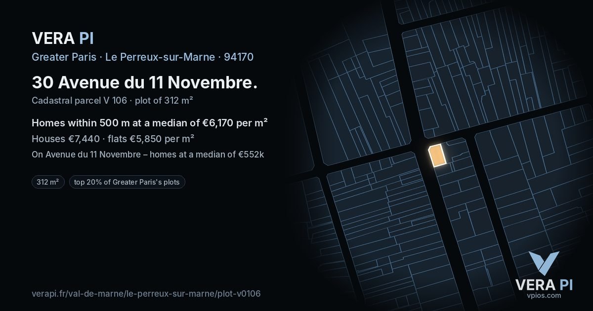 30 Avenue du 11 Novembre, Le Perreux-sur-Marne at night – the plot lit, the parcels around coloured by the prices near them