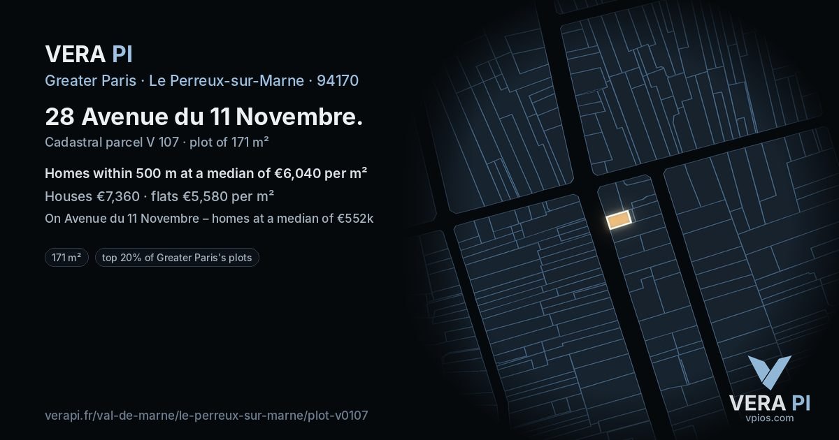 28 Avenue du 11 Novembre, Le Perreux-sur-Marne at night – the plot lit, the parcels around coloured by the prices near them