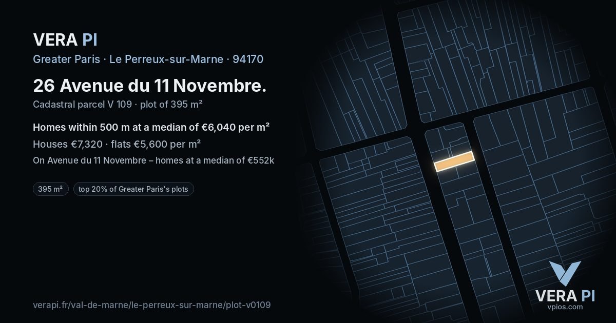 26 Avenue du 11 Novembre, Le Perreux-sur-Marne at night – the plot lit, the parcels around coloured by the prices near them