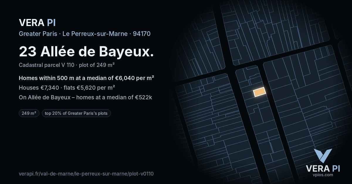 23 Allée de Bayeux, Le Perreux-sur-Marne at night – the plot lit, the parcels around coloured by the prices near them
