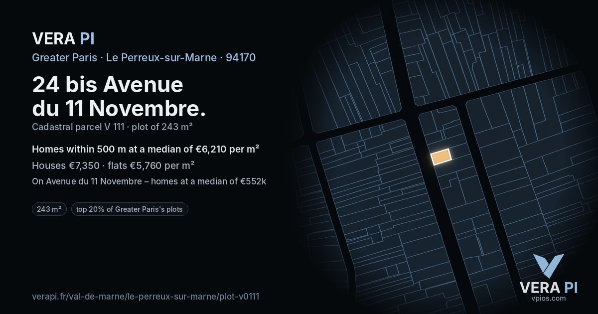 24 bis Avenue du 11 Novembre, Le Perreux-sur-Marne at night – the plot lit, the parcels around coloured by the prices near them