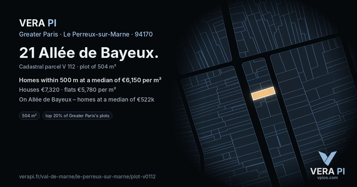 21 Allée de Bayeux, Le Perreux-sur-Marne at night – the plot lit, the parcels around coloured by the prices near them