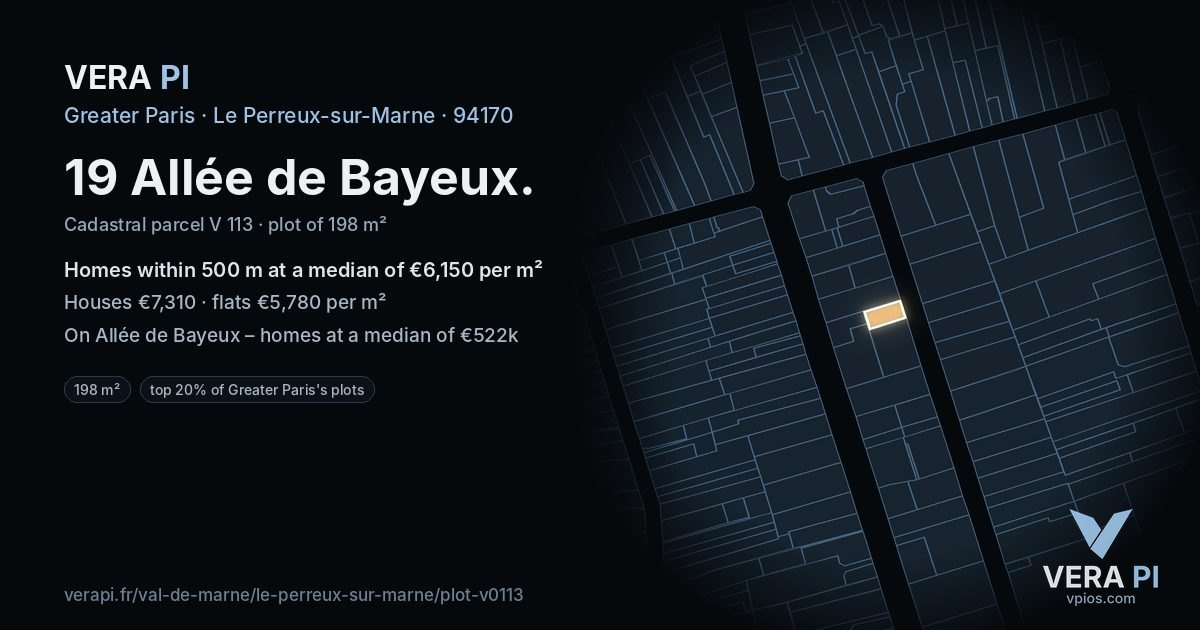 19 Allée de Bayeux, Le Perreux-sur-Marne at night – the plot lit, the parcels around coloured by the prices near them