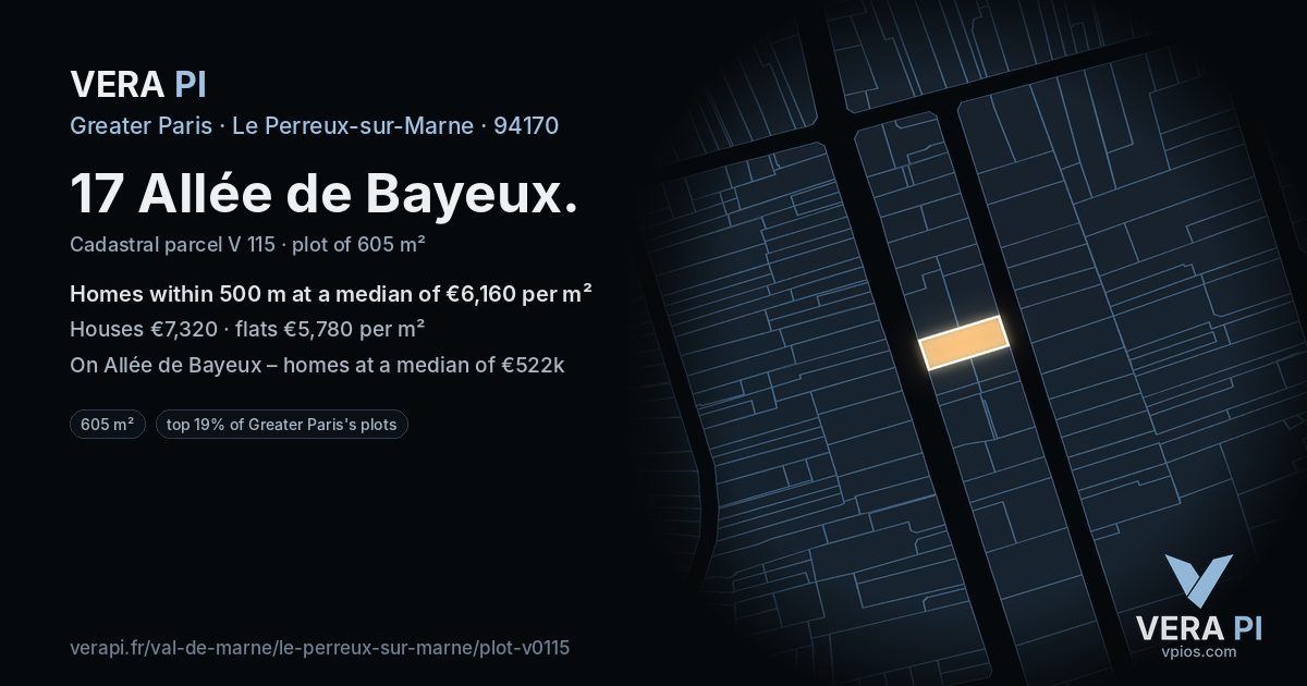 17 Allée de Bayeux, Le Perreux-sur-Marne at night – the plot lit, the parcels around coloured by the prices near them