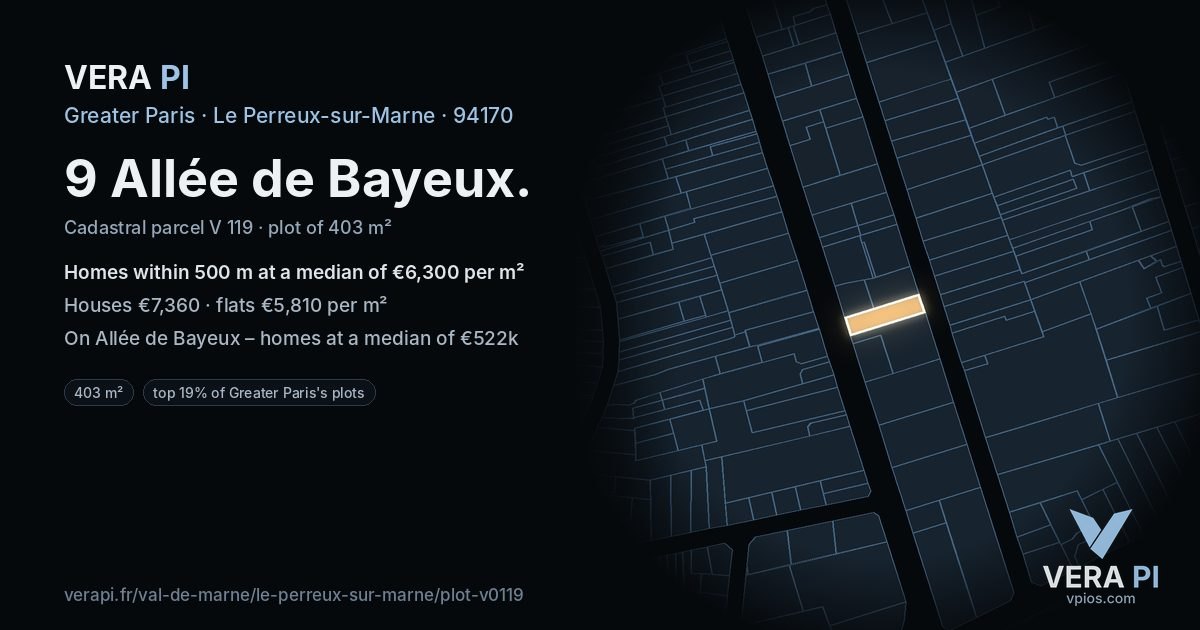 9 Allée de Bayeux, Le Perreux-sur-Marne at night – the plot lit, the parcels around coloured by the prices near them