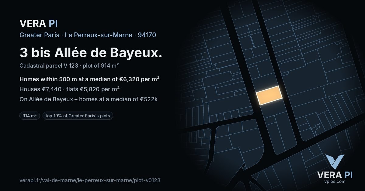 3 bis Allée de Bayeux, Le Perreux-sur-Marne at night – the plot lit, the parcels around coloured by the prices near them