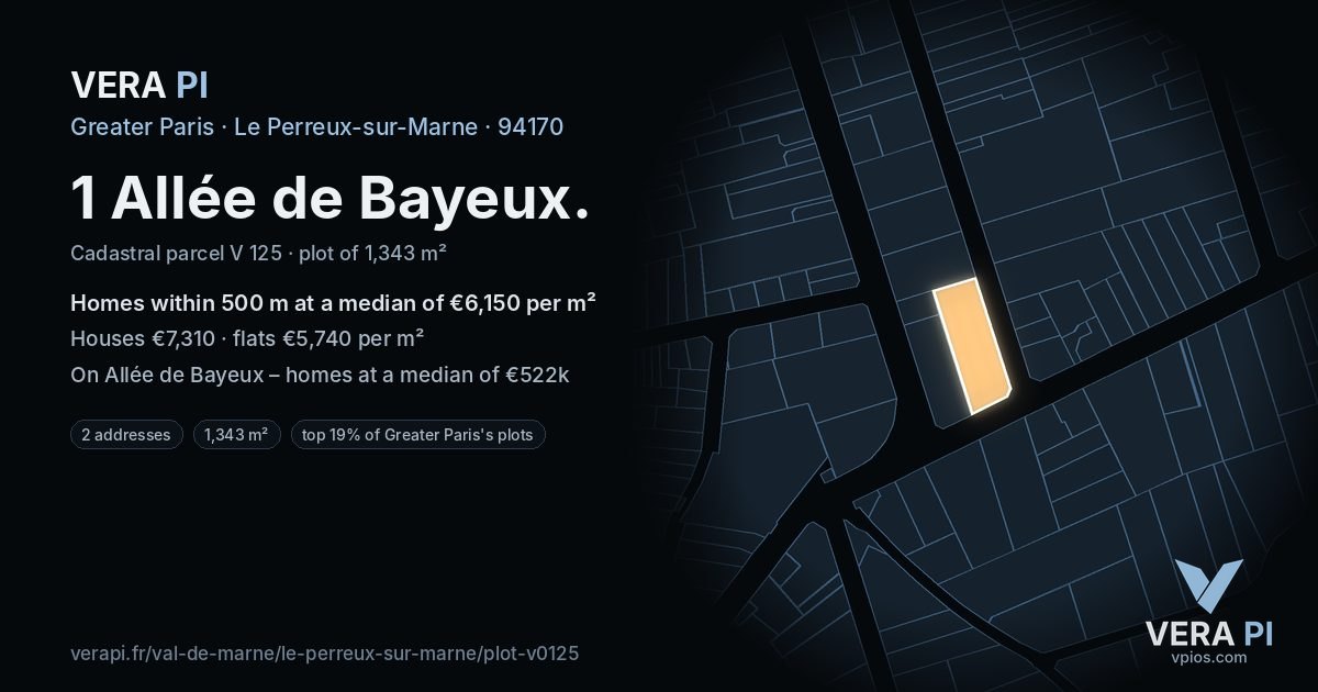 1 Allée de Bayeux, Le Perreux-sur-Marne at night – the plot lit, the parcels around coloured by the prices near them