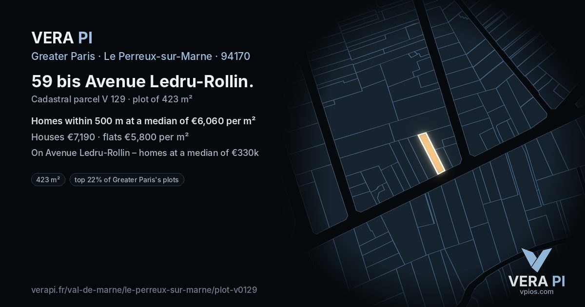 59 bis Avenue Ledru-Rollin, Le Perreux-sur-Marne at night – the plot lit, the parcels around coloured by the prices near them