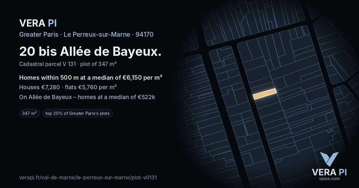 20 bis Allée de Bayeux, Le Perreux-sur-Marne at night – the plot lit, the parcels around coloured by the prices near them
