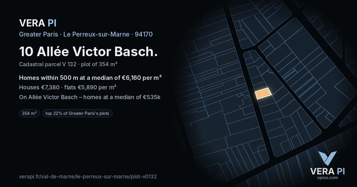10 Allée Victor Basch, Le Perreux-sur-Marne at night – the plot lit, the parcels around coloured by the prices near them