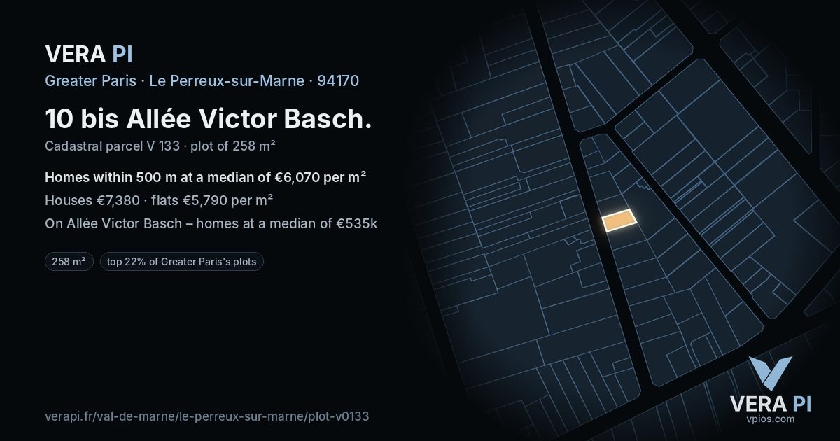 10 bis Allée Victor Basch, Le Perreux-sur-Marne at night – the plot lit, the parcels around coloured by the prices near them
