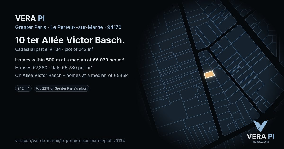 10 ter Allée Victor Basch, Le Perreux-sur-Marne at night – the plot lit, the parcels around coloured by the prices near them
