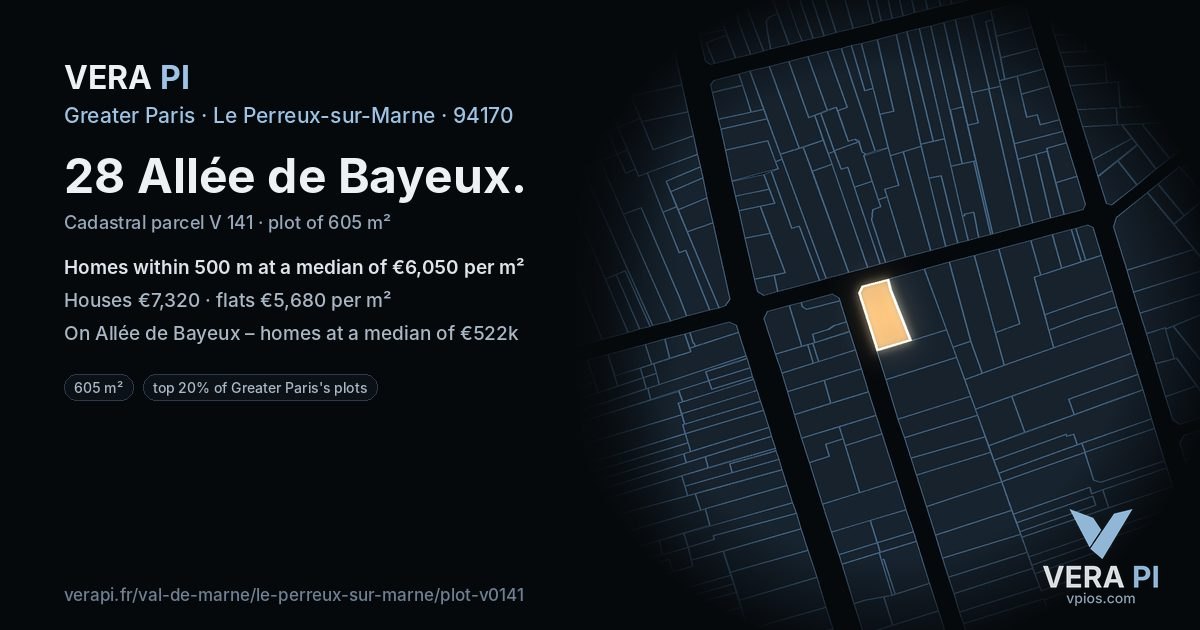 28 Allée de Bayeux, Le Perreux-sur-Marne at night – the plot lit, the parcels around coloured by the prices near them