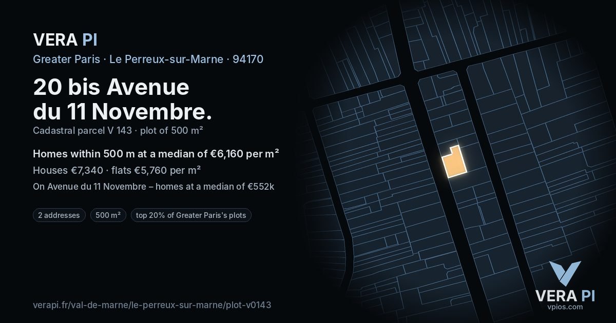 20 bis Avenue du 11 Novembre, Le Perreux-sur-Marne at night – the plot lit, the parcels around coloured by the prices near them