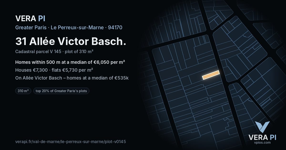 31 Allée Victor Basch, Le Perreux-sur-Marne at night – the plot lit, the parcels around coloured by the prices near them