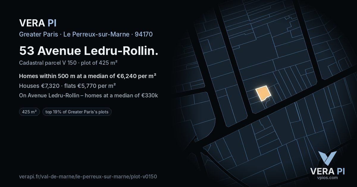 53 Avenue Ledru-Rollin, Le Perreux-sur-Marne at night – the plot lit, the parcels around coloured by the prices near them