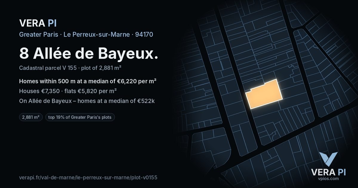 8 Allée de Bayeux, Le Perreux-sur-Marne at night – the plot lit, the parcels around coloured by the prices near them