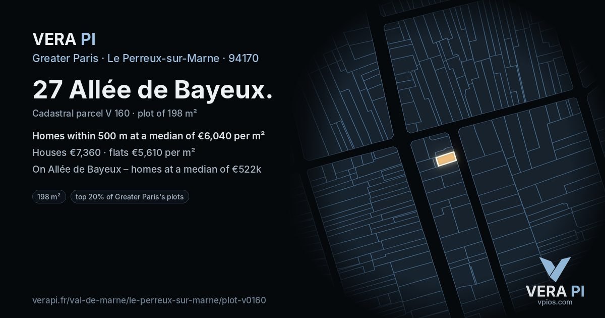 27 Allée de Bayeux, Le Perreux-sur-Marne at night – the plot lit, the parcels around coloured by the prices near them