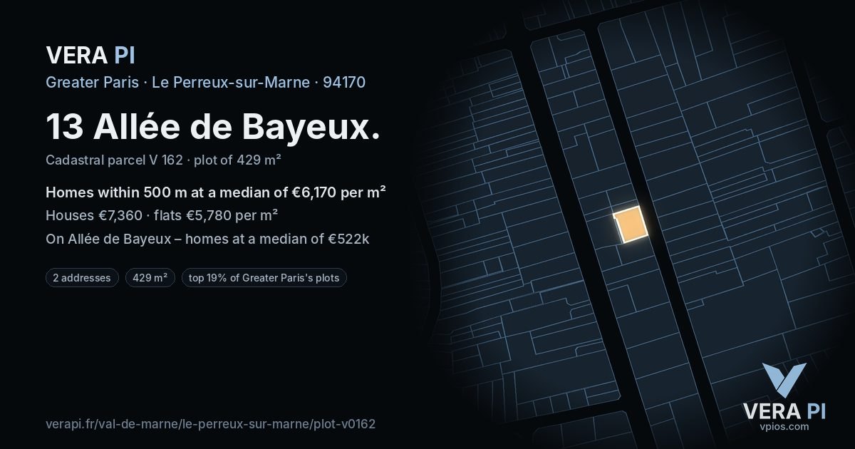 13 Allée de Bayeux, Le Perreux-sur-Marne at night – the plot lit, the parcels around coloured by the prices near them