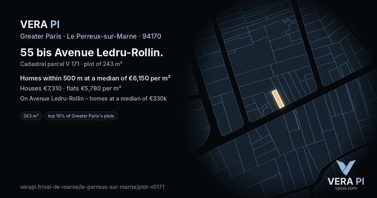 55 bis Avenue Ledru-Rollin, Le Perreux-sur-Marne at night – the plot lit, the parcels around coloured by the prices near them