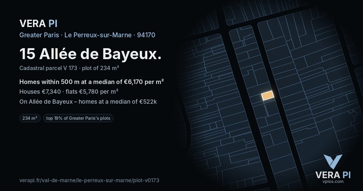15 Allée de Bayeux, Le Perreux-sur-Marne at night – the plot lit, the parcels around coloured by the prices near them