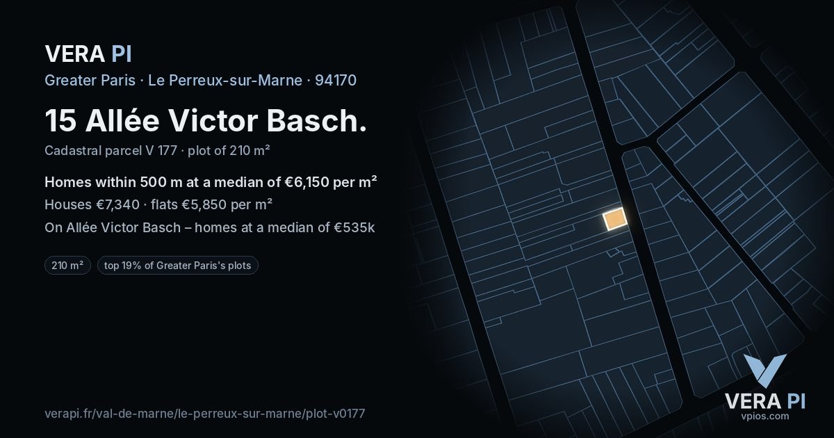 15 Allée Victor Basch, Le Perreux-sur-Marne at night – the plot lit, the parcels around coloured by the prices near them